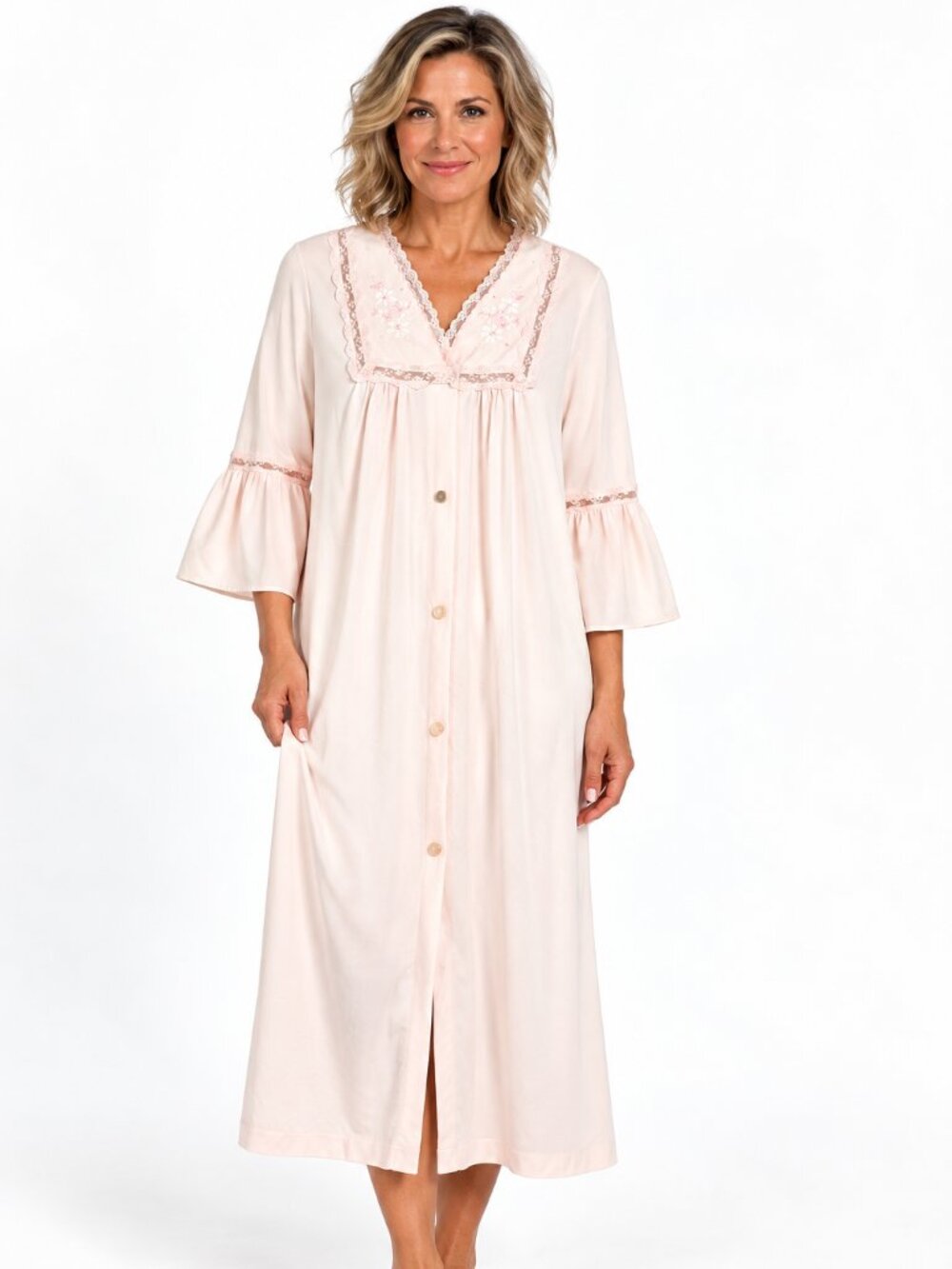 Vintage Women's Petite Shadowline Robe Pink 3/4 Bell Sleeves Lace Embroidery